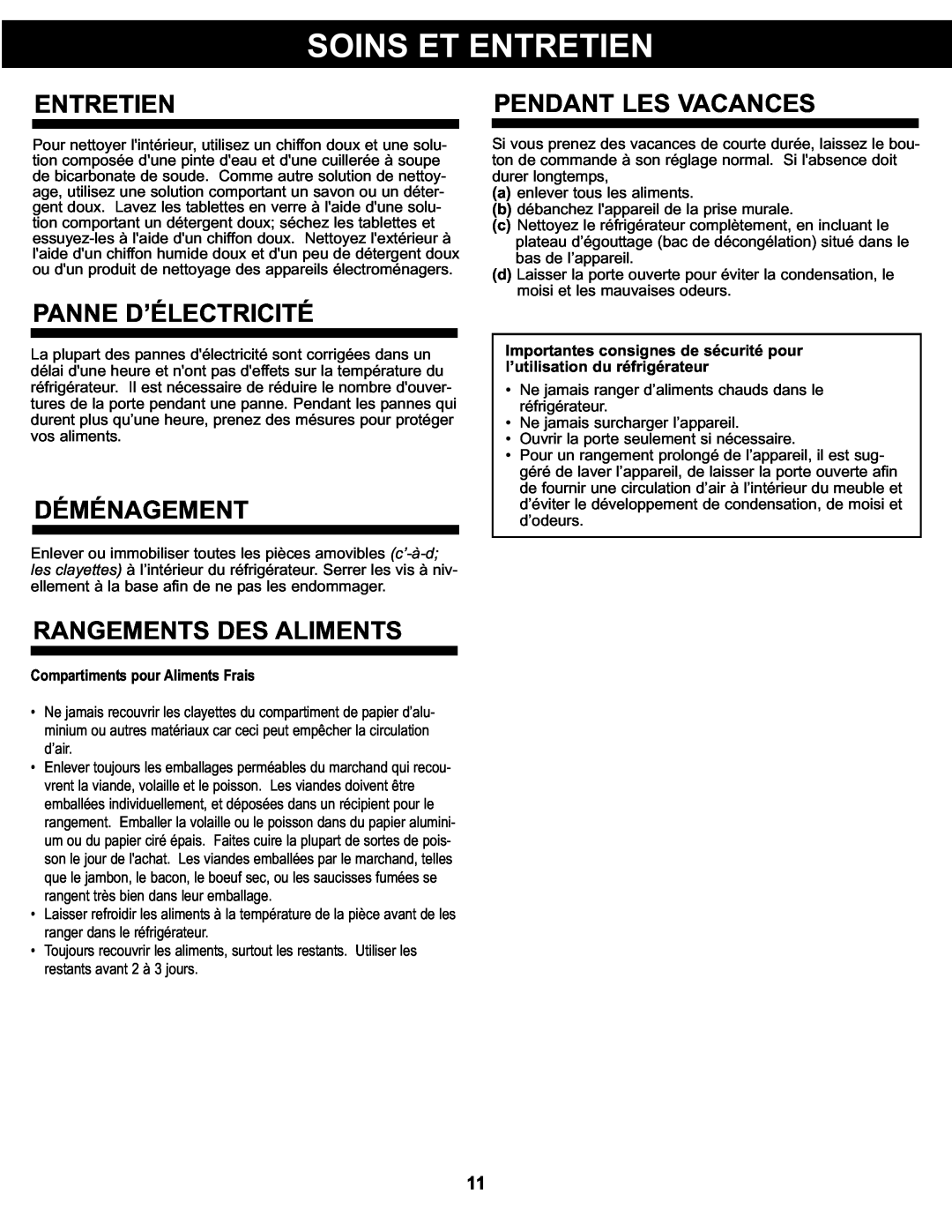 Danby DCR044A2BDD manual Entretien, Pendant Les Vacances, Panne D’Électricité, Déménagement, Rangements Des Aliments 
